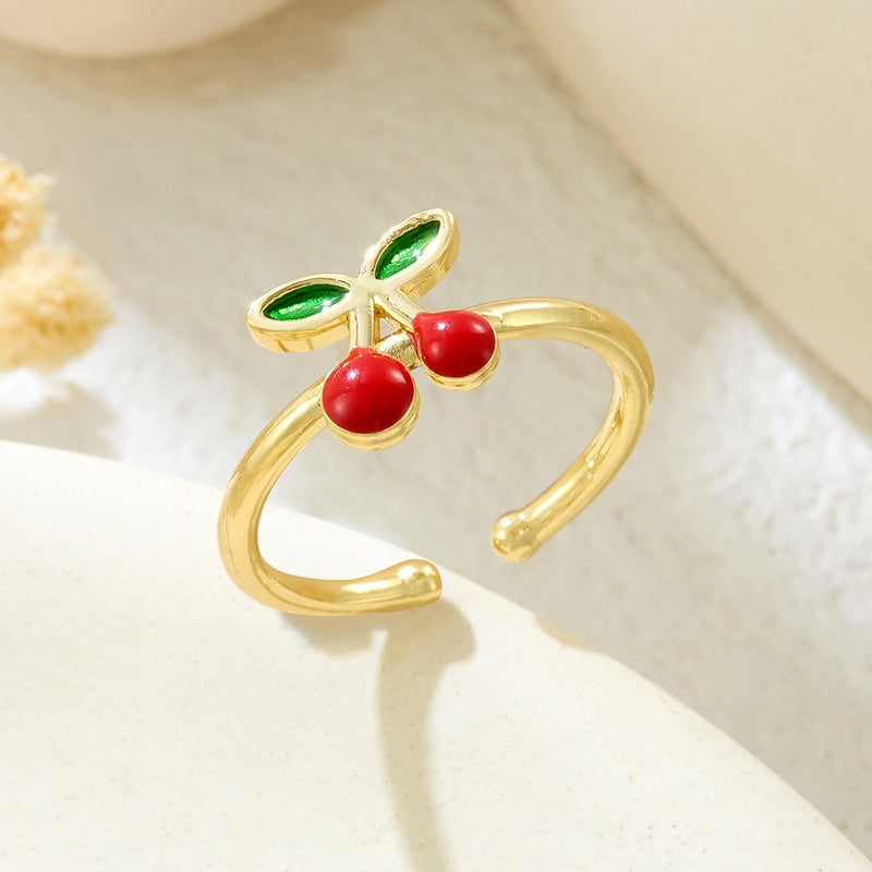 Wholesale copper micro-painted strawberry and cherry open rings - wallojewerly 