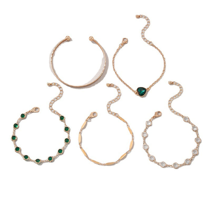 Conjunto de pulseras con corazón de diamantes de imitación verdes: cinco piezas de joyería retro para mujer