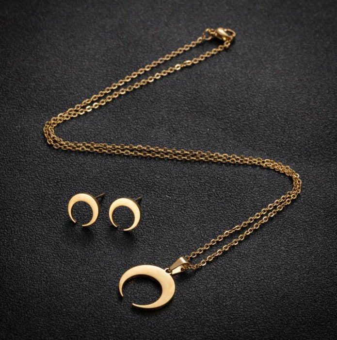 Moon Crescent Stainless Steel Jewelry Set - Geometric Simple Necklace and Earrings