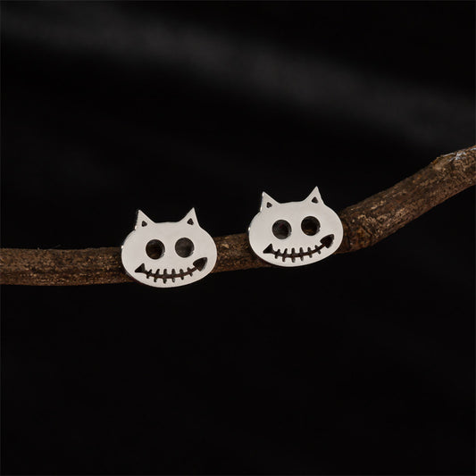 Pendientes de gato, nuevos pendientes personalizados de acero inoxidable con forma de calavera gótica y espina de pescado para Halloween, al por mayor