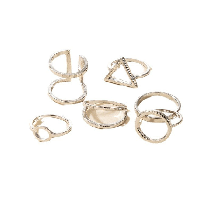 Simple geometric triangle ring set, alloy versatile silver six-piece set