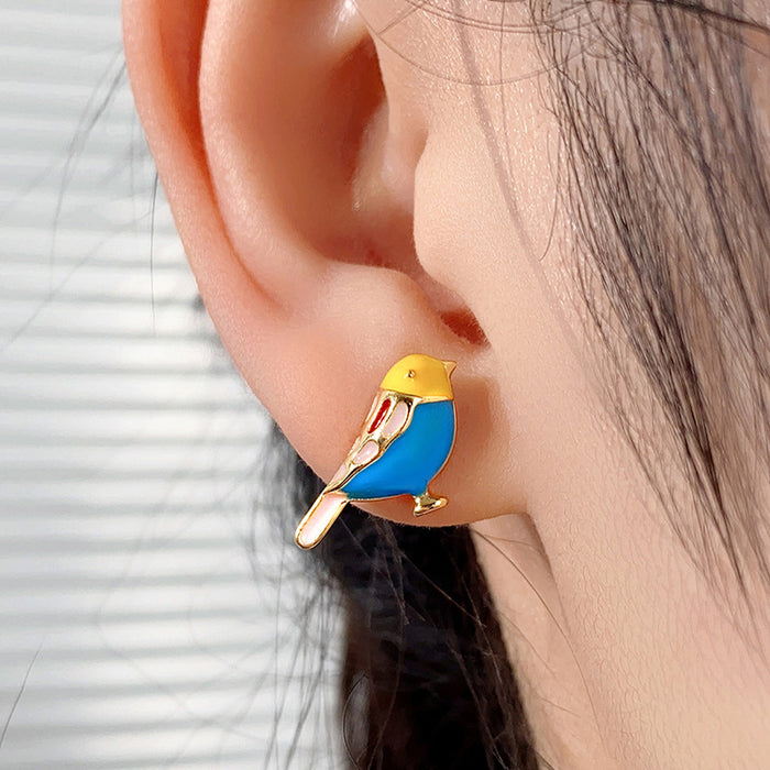 Oil-Drop Colorful Bird Earrings French Small Magazine Earrings