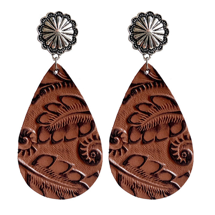 Embossed Leather Earrings with Bohemian Floral Pumpkin Flower Design