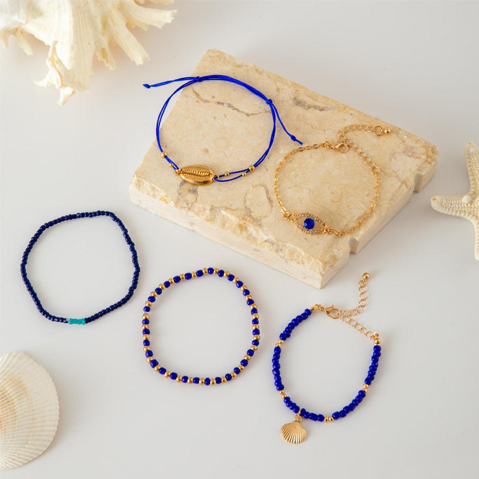 Bohemian Shell and Blue Bead Bracelet Set - Five-Piece Evil Eye Jewelry