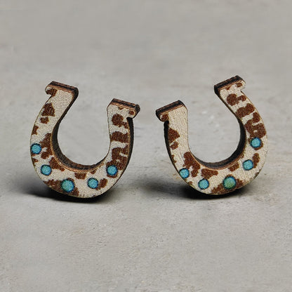 Leopard print horseshoe wooden earrings