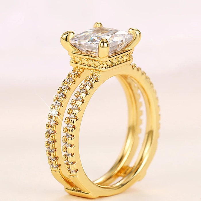 Anillo de corona de doble capa, anillo de princesa cuadrado, diseño súper brillante de cuatro garras