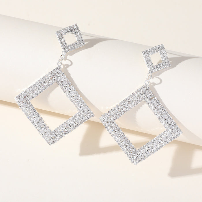 Fashionable Square Rhinestone Earrings - Geometric Studs with Tassel Dangles