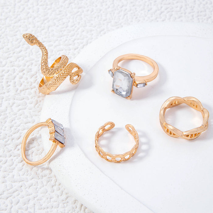 Hip-Hop Snake Ring Set - Creative Geometric Rhinestone Gemstone Five-Piece Set