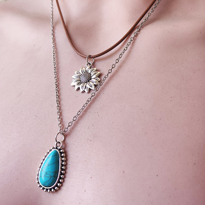 Retro Sunflower Design Double-Layer Necklace with Leather Cord - wallojewerly 