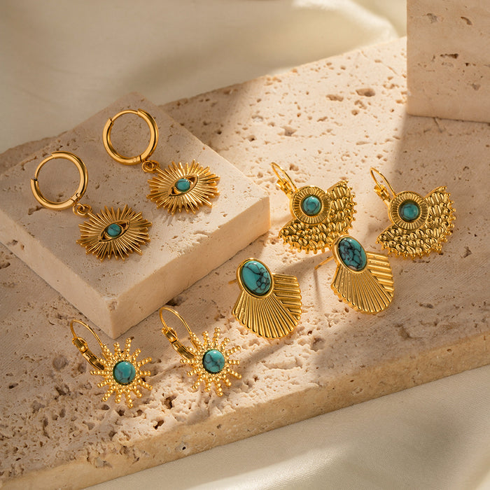 European Cross-Border Turquoise Titanium Steel Earrings - High-End Vintage Non-Fading Jewelry for Wholesale - wallojewerly 