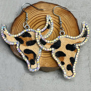 Rhinestone Leather Earrings with Bullhead and Long Hair Design - wallojewerly 