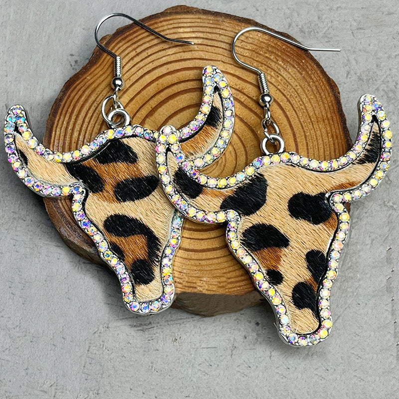 Rhinestone Leather Earrings with Bullhead and Long Hair Design - wallojewerly 