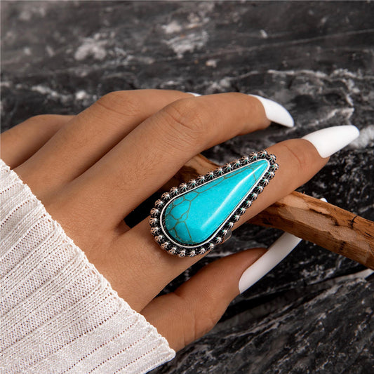 Bohemian Style Turquoise Water Drop Ring – Vintage Simple Single Ring for Women