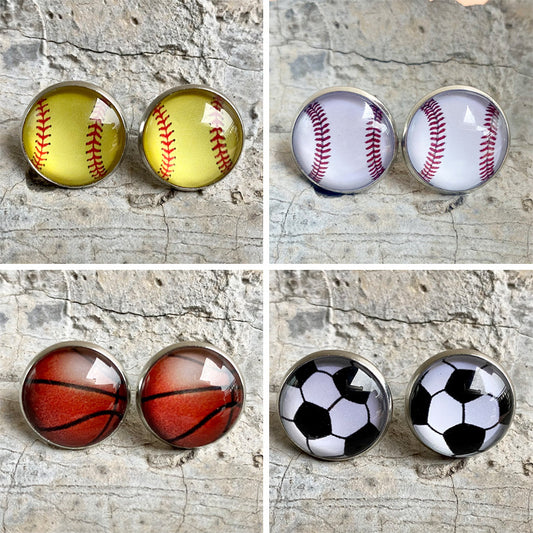 Pendientes deportivos de cristal vintage con diseños de baloncesto, béisbol, sóftbol y voleibol