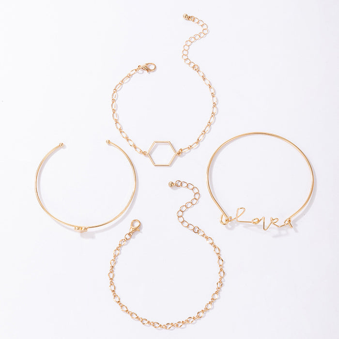 Love Heart Geometric Bracelet Set - Ins-Style Minimalist Four-Piece Collection