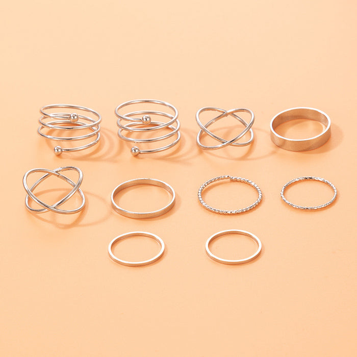 Korean style simple cross round ring set, geometric irregular joints ten-piece set