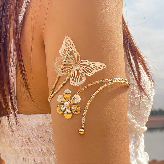 Pulsera de flores exagerada, pulsera de metal con forma de mariposa hueca y brazo abierto, joyería