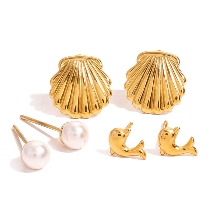 Stainless steel pearl earrings dolphin shell earrings