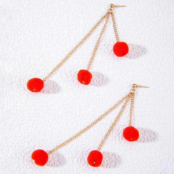 Retro red tassel wool ball earrings autumn and winter velvet ball earrings