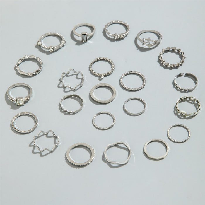 Minimalist Diamond Eye Wave Multi-Joint Silver Ring Set – Geometric Cut-Out Rings, 22-Piece Collection