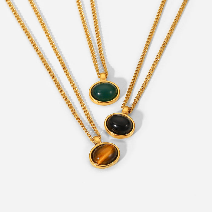 Vintage Oval Natural Stone Pendant Necklace - 18K Gold-Plated Stainless Steel Chain for a Timeless Look