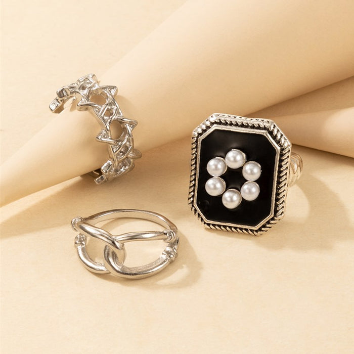 Vintage Chanel Pearl Flower Square Ring 3-Piece Set