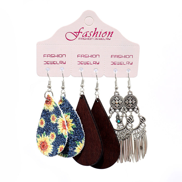 Bohemian Leather and Wood Earrings with Vintage Ethnic Style