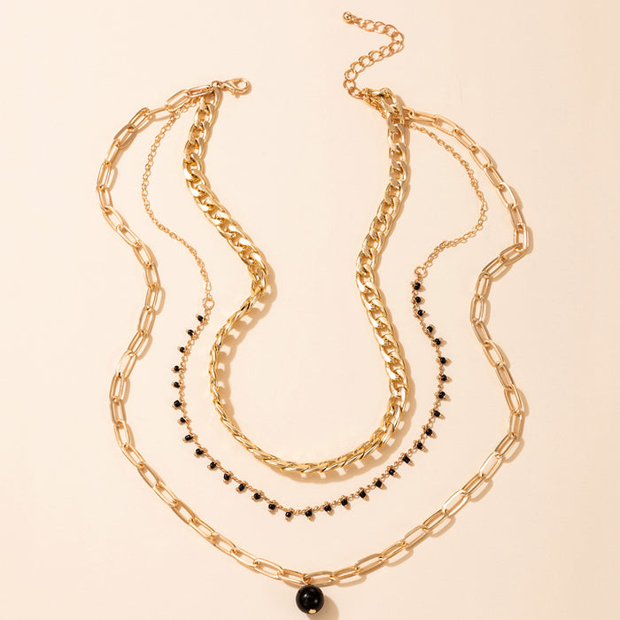 Black Beaded Triple Layer Necklace with Geometric Chain Multi-Layer Design