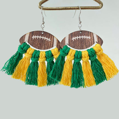 Sports Themed Woven Tassel Wooden Earrings for American Football Cheerleaders