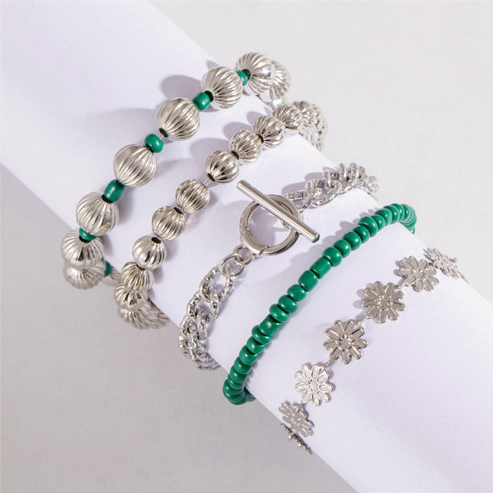 Bohemian Flower Bead Bracelet with Vintage Lantern Beads - Five-Piece Set