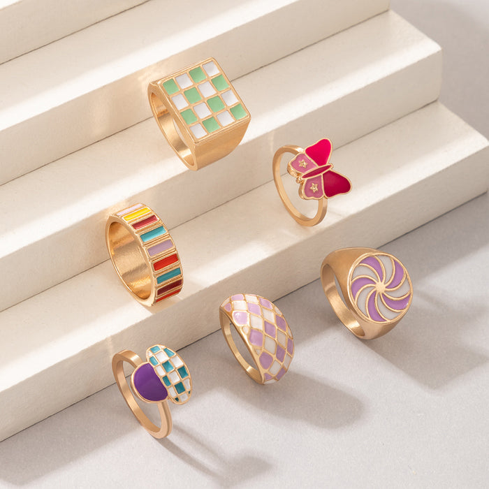 Colorful oil drip butterfly geometric ring 6-piece set