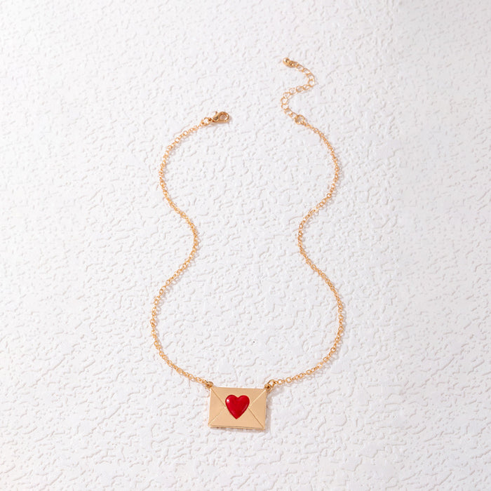 Red Heart Envelope Pendant Necklace with Geometric Love Design