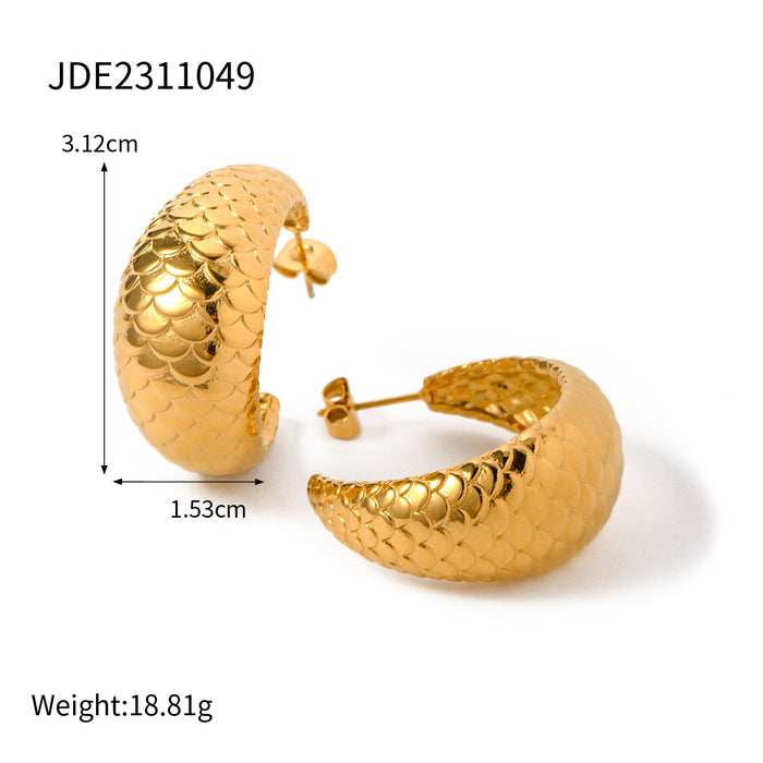 Designer 18K Gold Plated Stainless Steel Fish Scale Ring, Earrings, and Bracelet Set