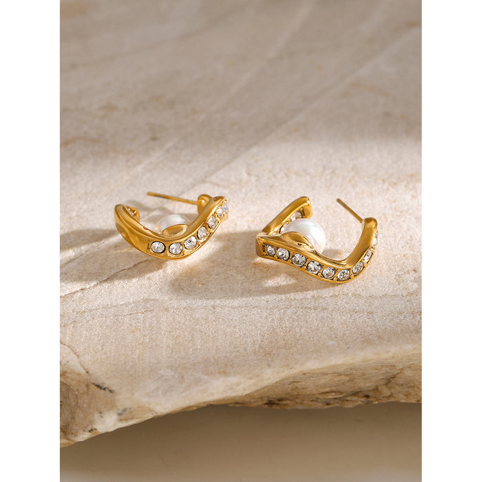 18K Gold Stainless Steel + Diamond + Pearl Wave-Shaped Earrings - Fashionable Titanium Steel Jewelry