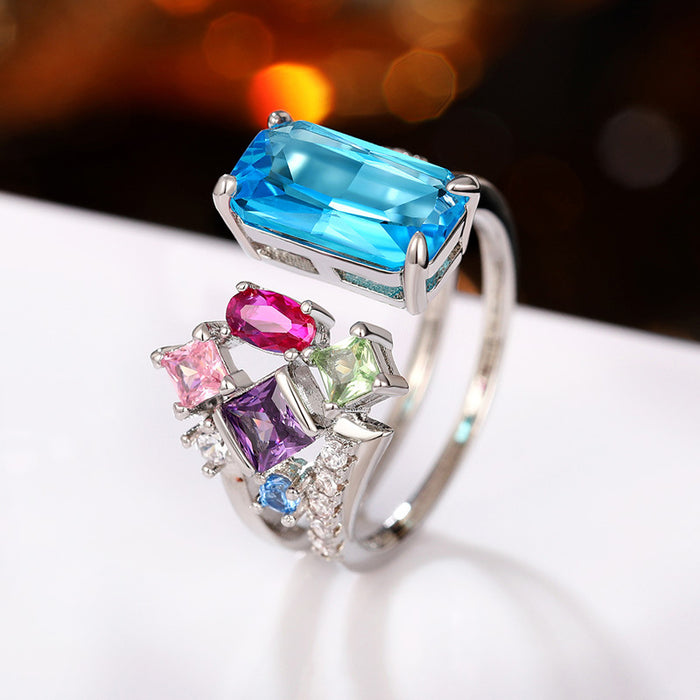 Geometric zircon ring for women, exaggerated design, colorful open ring