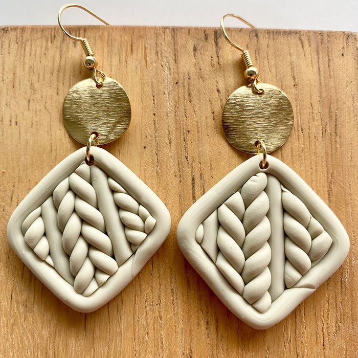 Handmade Geometric Clay Earrings - Artistic Woven Texture Circle Design