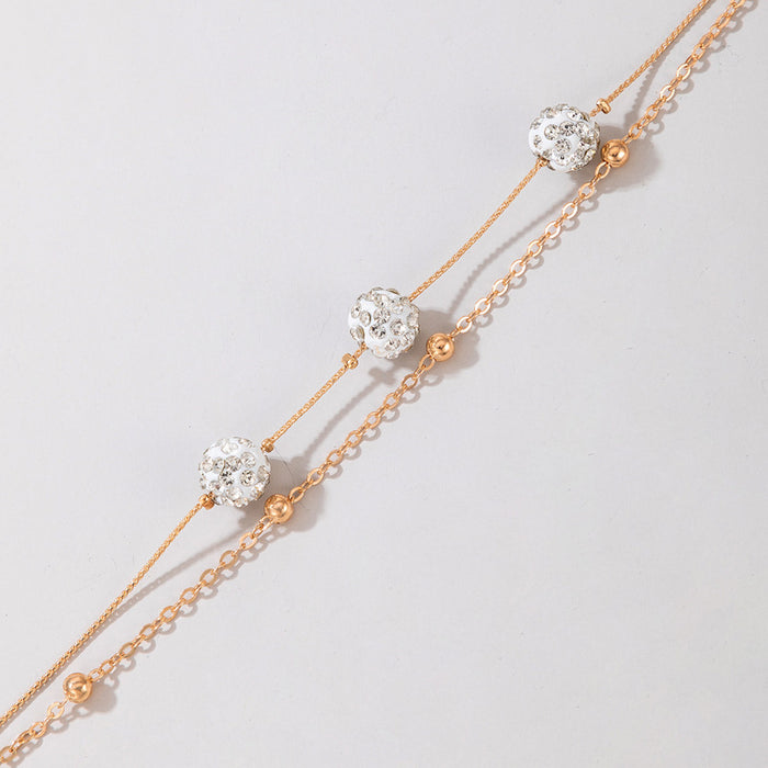 White Beaded Anklet with Alloy Round Beads and Geometric Chain Design