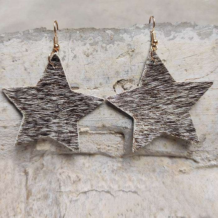 Western Long Hair Leather Star Earrings with Texas Wild Style