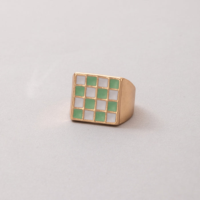 Oil dripping square checkerboard colorblock ring