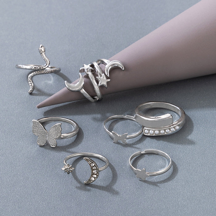 Simple star and moon diamond ring set, alloy butterfly snake zodiac seven-piece set