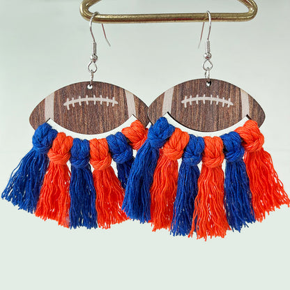 Sports Themed Woven Tassel Wooden Earrings for American Football Cheerleaders