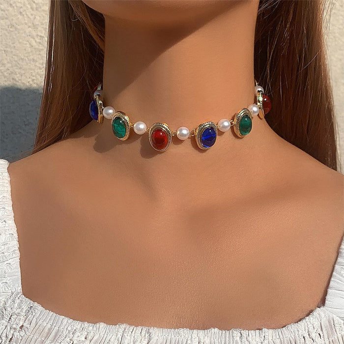 Baroque Pearl Necklace with Colorful Oval Pendant