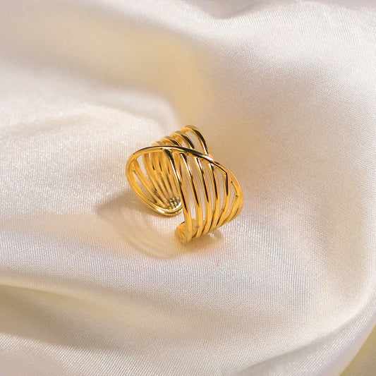 Vintage 18K Gold Plated Stainless Steel Ring with Wavy Design