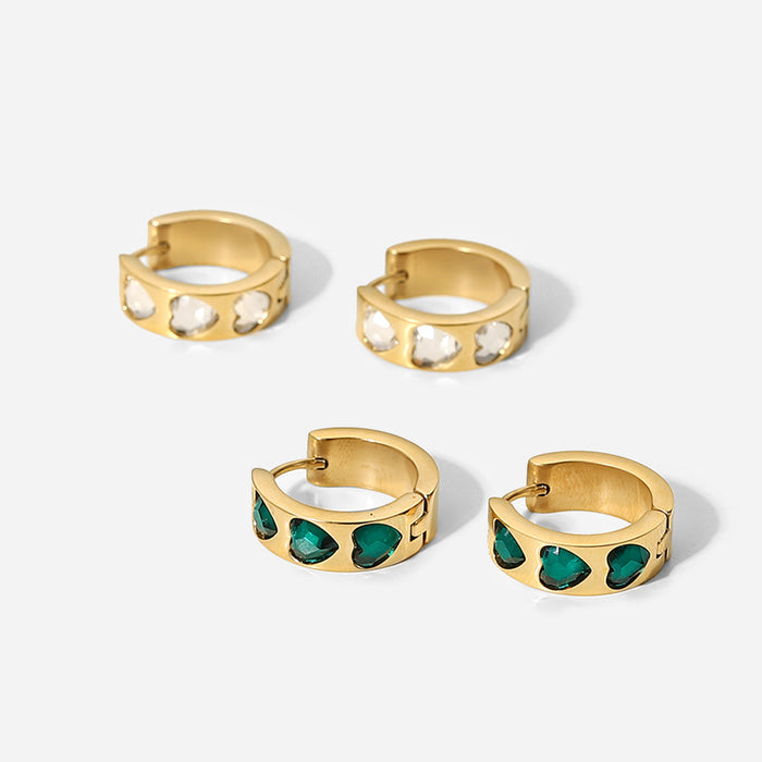 Aros de corazón de circonita verde/blanca bañados en oro de 14 quilates de estilo europeo: joyería de moda para mujeres