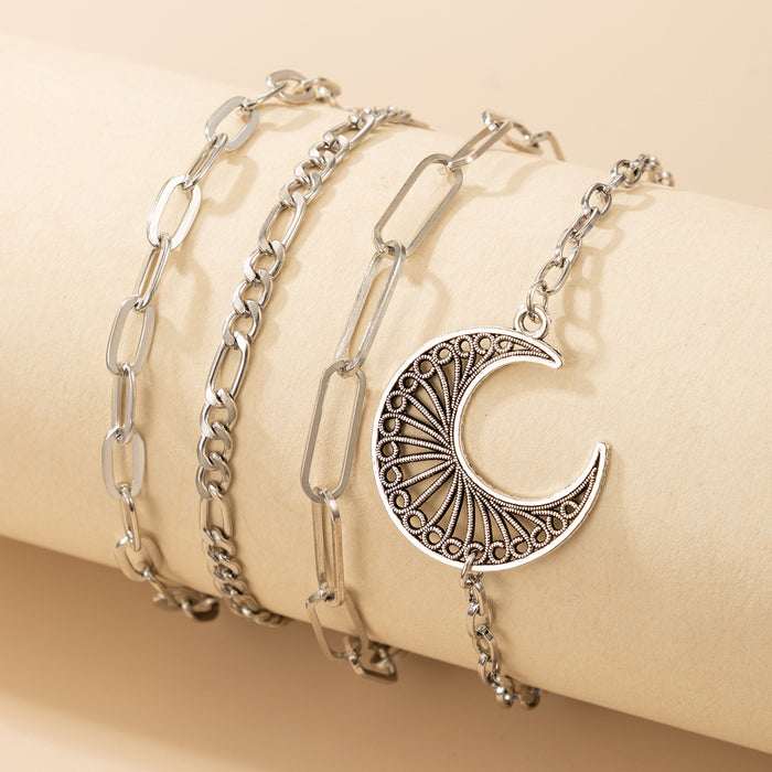 Pulsera de estilo étnico bohemio: colgante de luna atrevido con cadena gruesa, juego de cuatro piezas