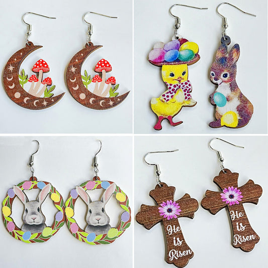 Easter Cute Earrings with Mushroom, Cross, Bunny, and Egg Designs