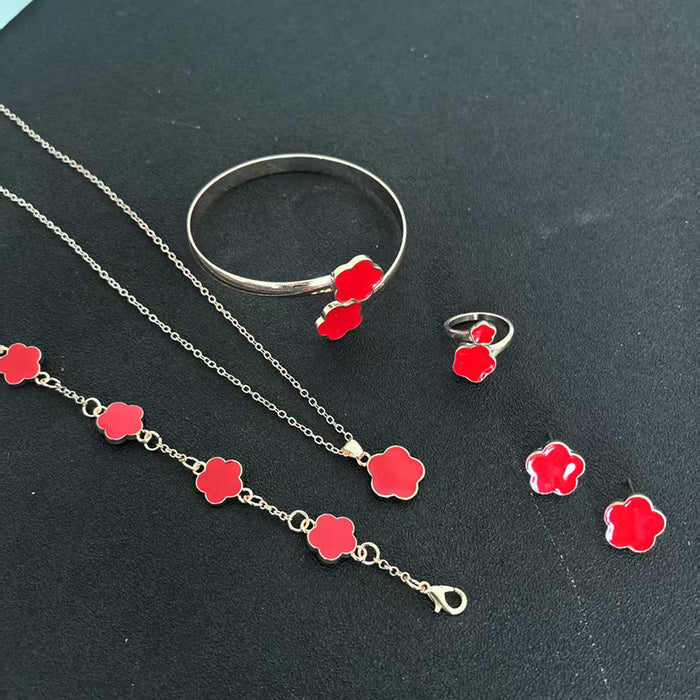 Wholesale 5-piece set of five-petal flower necklace, bracelet, bangle, earrings, and ring - wallojewerly 