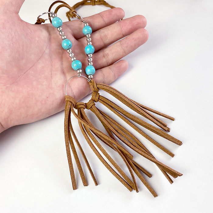 Turquoise Leather Fringe Necklace with Vintage Bohemian and Korean Velvet Details - wallojewerly 
