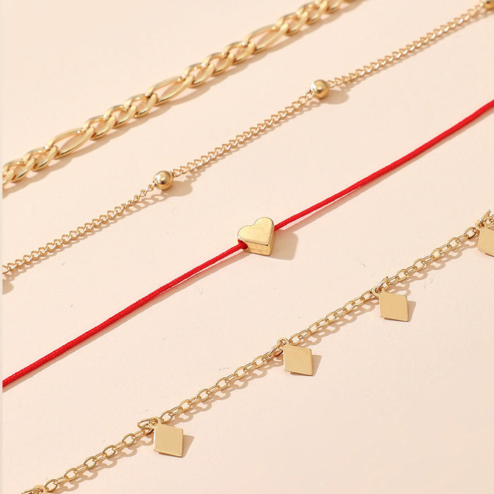 Heart Tassel Multilayer Anklet Set - Geometric Beaded Jewelry