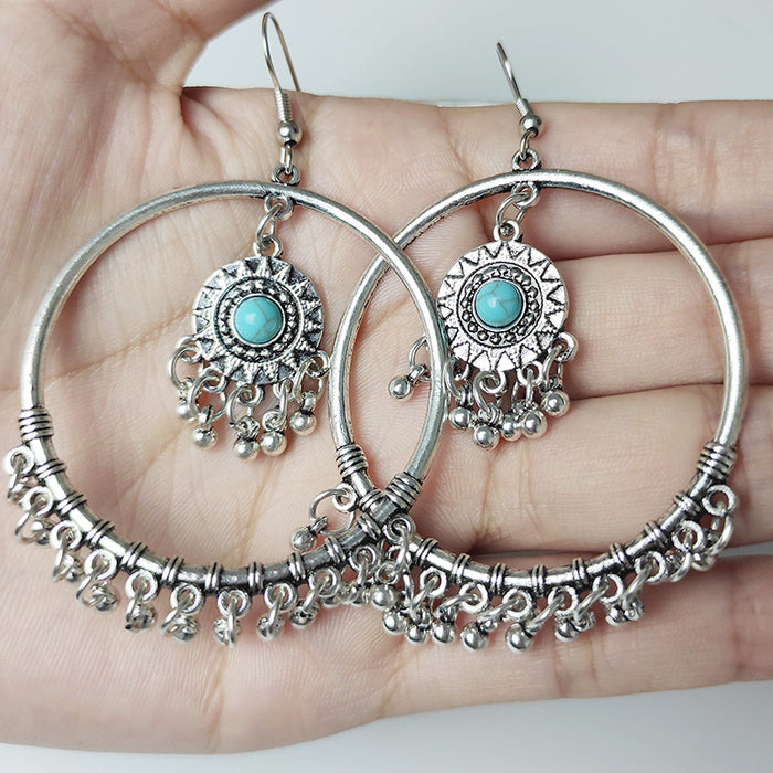 Bohemian Ethnic Vintage Alloy Tassel Earrings with Turquoise Hoops